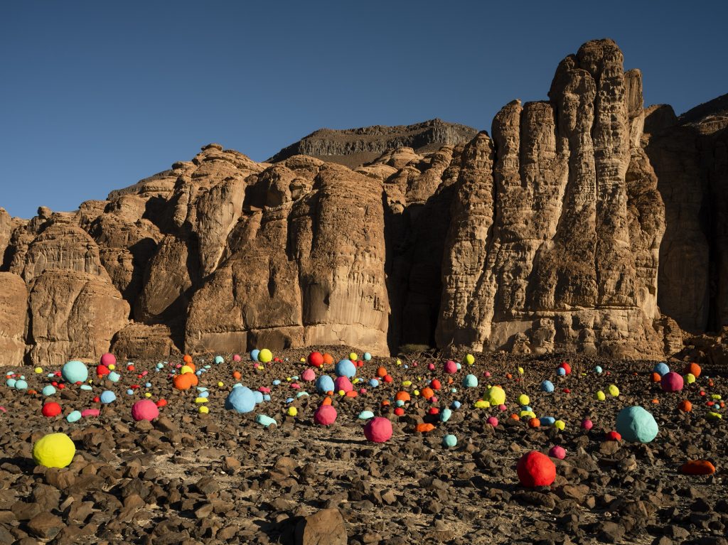 Mohammed Ahmed Ibrahim, Falling Stones Garden, installation view at Desert X AlUla, photo by Lance Gerber, courtesy the artist and Lawrie Shabibi, RCU and Desert X