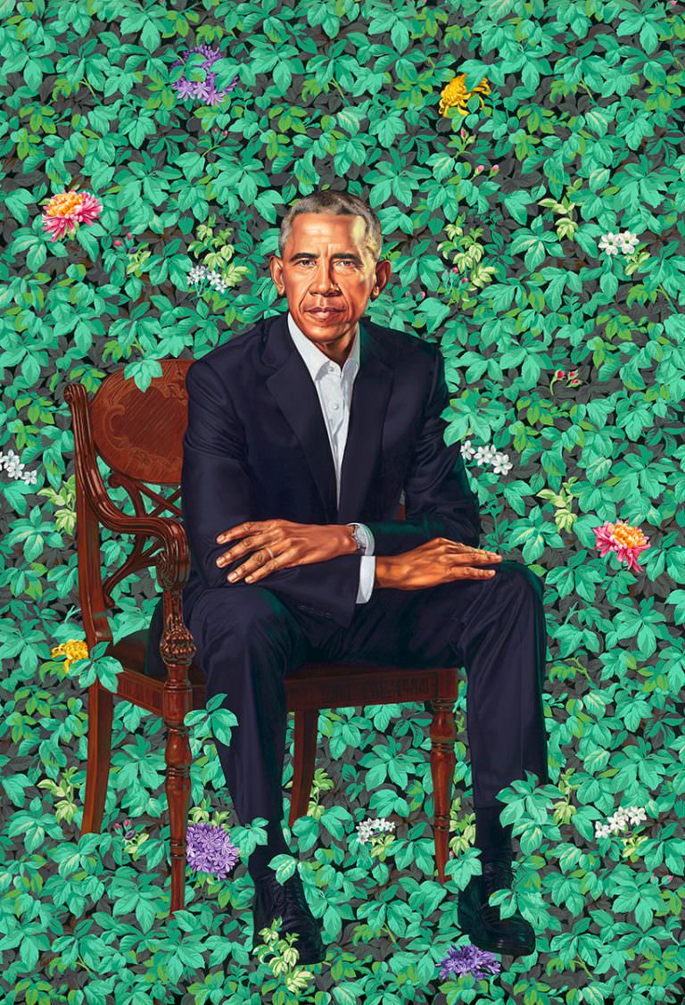 Una delle opere più ricercate durante il Black History Month è questa: il ritratto di Barack Obama realizzato da Kehinde Wiley (© kehinde wiley)