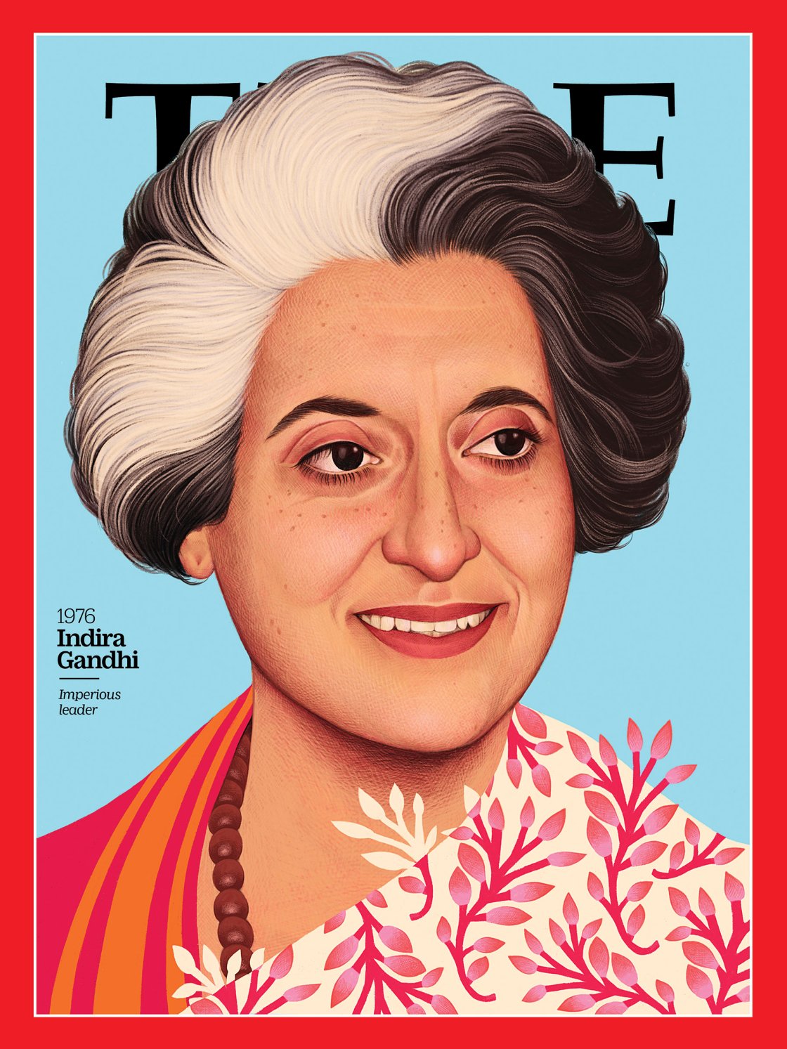La prima ministra donna in India, Indira Gandhi (Illustration by Mercedes DeBellard for TIME; Gilbert UZAN—Gamma-Rapho/Getty)