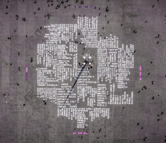 I nomi delle vittime di femminicidio scritti per le strade di Città del Messico Plaza del Zocalo (Città del Messico) vista dall'alto, con i nomi delle vittime di femminicidio dipinti sull'asfalto (photo by Santiago Arau)