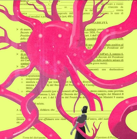 La creatività in quarantena: Autocertificazioni Illustrate su Instagram A quattro mani , Arte digitale, Emiliano Ponzi, Stefano Cipolla. Una delle autocertificazioni illustrate instagram