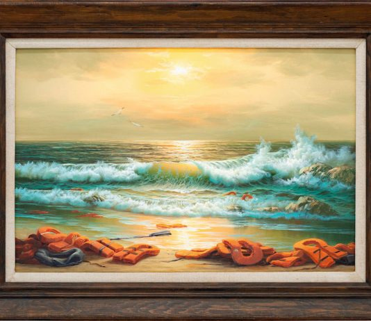 Banksy all’Evening Sale di Londra per beneficenza Dettaglio del trittico "Mediterranean Sea View" (2017) di Banksy