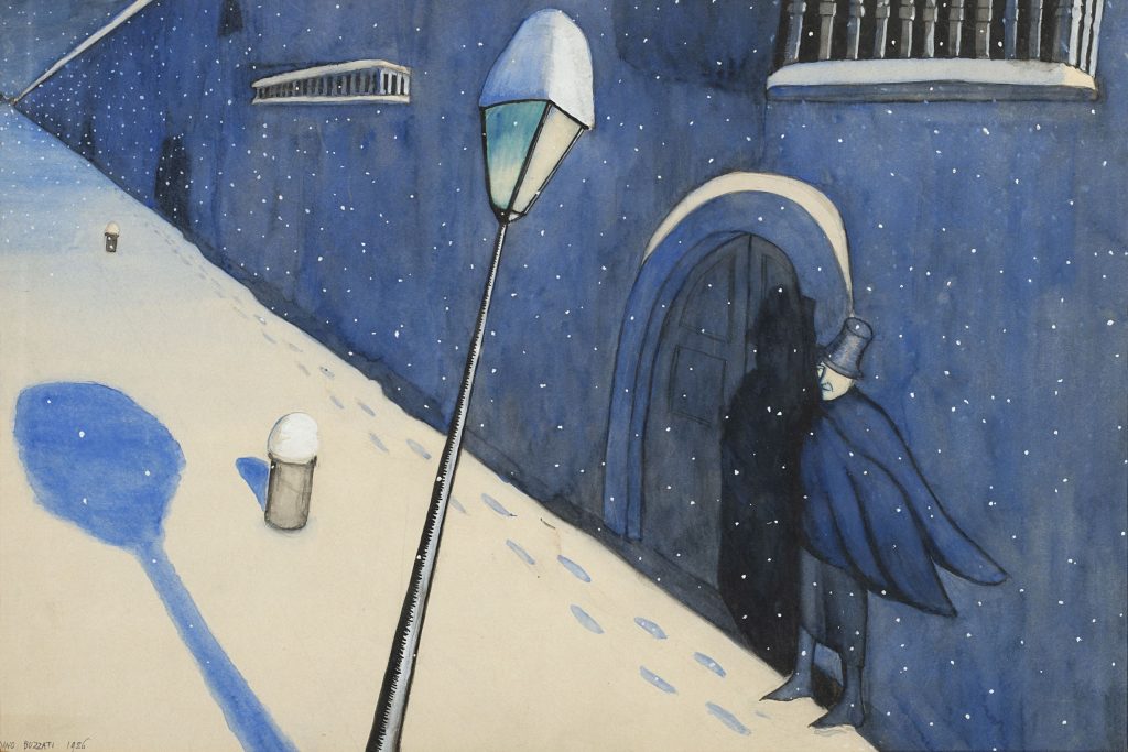 Lotto 216, DINO BUZZATI (San Pellegrino Di Belluno 1906 - Milano 1972) "Uomo in una notte di neve" 1926, tempera su carta, cm 34x50. Venduto € 25.000