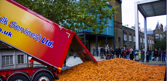 A Londra, un artista scarica in strada 29 tonnellate di carote per una performance