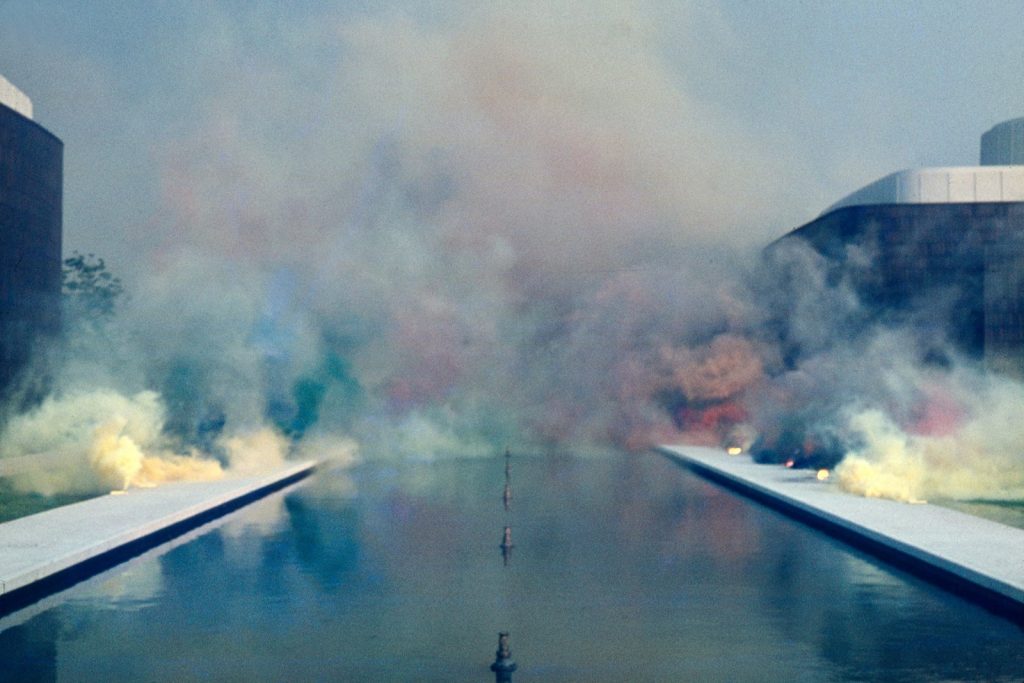 Fireworks performance. Performed at the Pasadena Art Museum (Norton Simon Museum), Pasadena, CA © Judy Chicago/Artists Rights Society (ARS), New York Photo courtesy of Through the Flower Archives Courtesy of the artist; Salon 94, New York; and Jessica Silverman Gallery, San Francisco