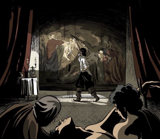Caravaggio e la ragazza: la nuova graphic novel di Feltrinelli Comics Caravaggio disegnato mentre dipinge la "Resurrezione di Lazzaro" da Lelio Bonnacorso. Tratto da "Caravaggio e la ragazza", testi di Nadia Terranova e disegni di Lelio Bonnacorso, Feltrinelli Comis, 2021.