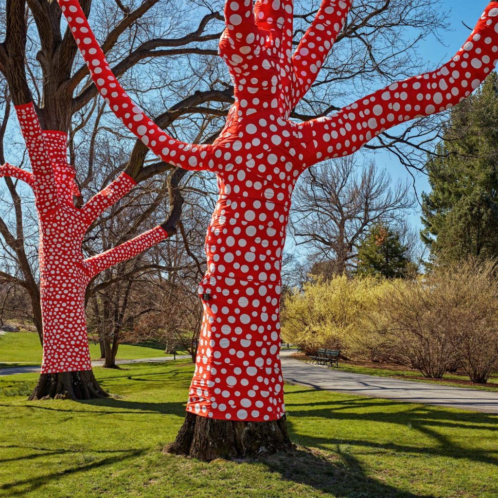 “Ascension of Polka Dots on the Trees” (2002/2021), view at the New York Botanical Garden, printed polyester fabric, bungees, and aluminum staples installed on existing trees, site-specific installation, dimensions variable. Collection of the artist