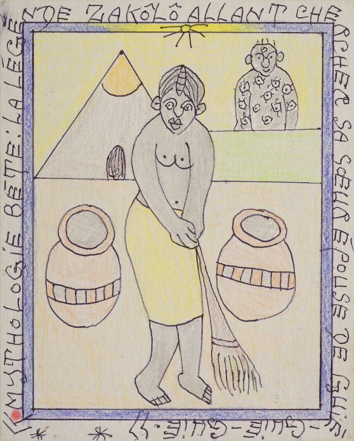 Frédéric Bruly Bouabrè, La légende Zakôlô allant chercher sa soeur épouse de Guié - Guié - Guié, dalla serie Mythologie Bēte, 2008, tecnica mista su cartoncino, cm. 19x15