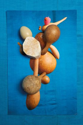Yam, Calabashes, Aso-oke, Egg and Pink Sponge, 2017 Photograph: Lorenzo Vitturi