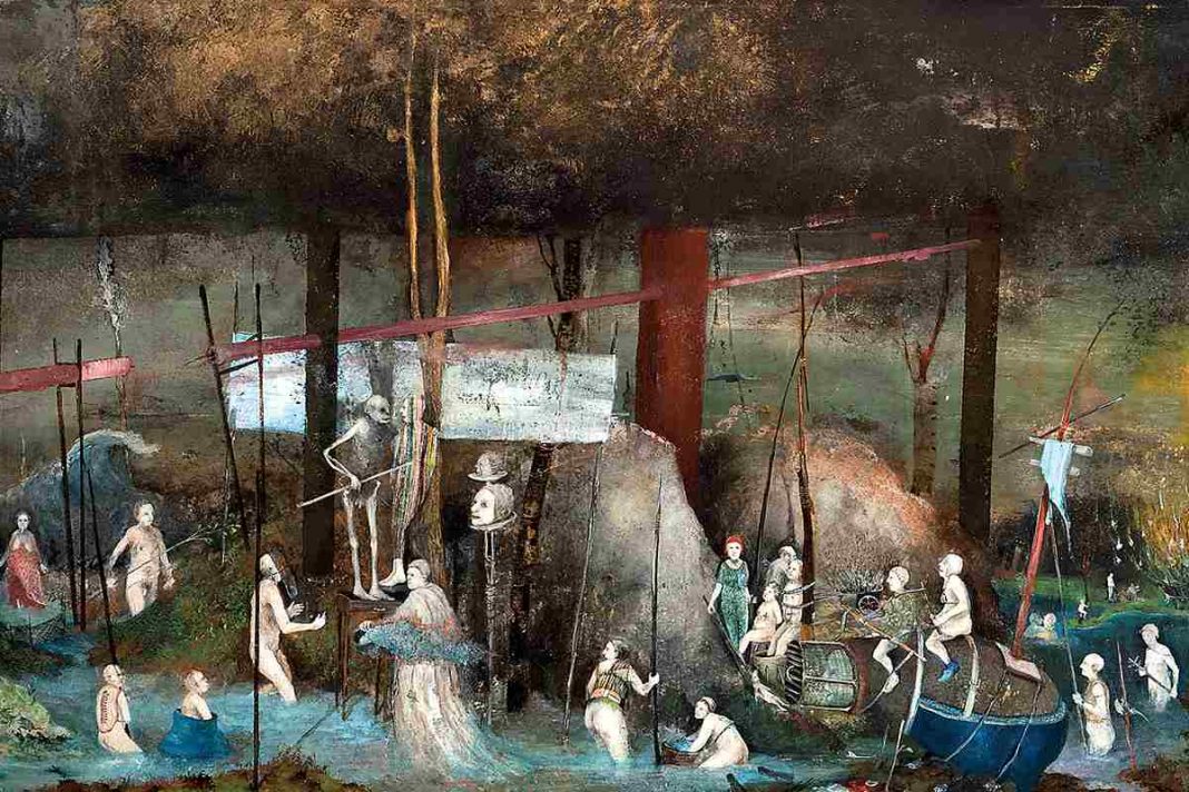 Sergio Padovani, L'invasione (danza macabra), 2019, olio, bitume e resina su tela, 100 x 200 cm, particolare. Courtesy The Bank Contemporary Art Collection