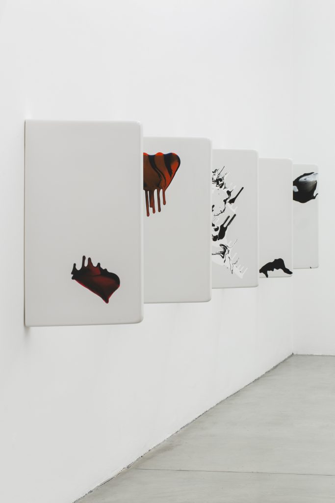 Simon Dybbroe Møller, Shame Shields (modern ceramics), 2015, all ceramic glaze on Philippe Starck-designed Duravit urinal, 70×40 cm each Exhibition view at Francesca Minini, Milan, 2015, Ph. Agostino Osio