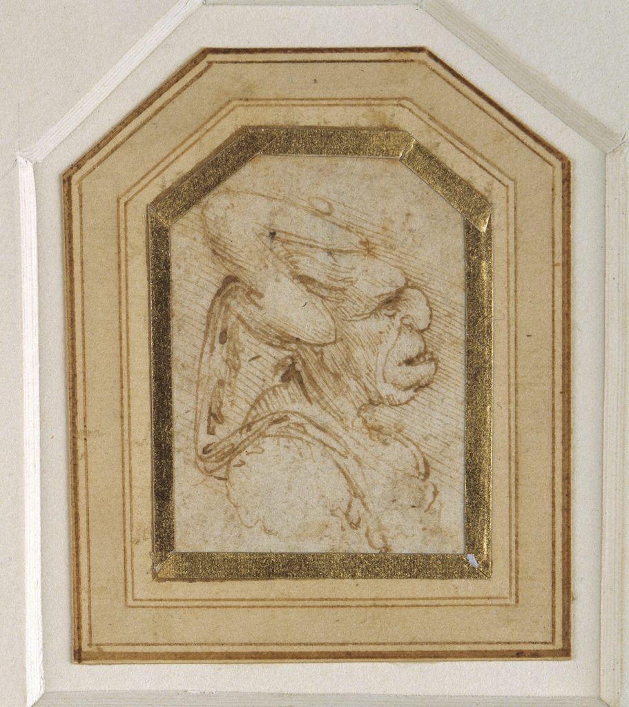Leonardo da Vinci (1452-1519), Testa grottesca, 1495-1505 circa, penna e inchiostro, A: 51 x 37 mm; B: 52 x 37 mm; C: 50 x 43 mm; D: 52 x 45 mm. The Devonshire Collections, Chatsworth. ©The Devonshire Collections, Chatsworth. Reproduced by permission of Chatsworth Settlement Trustees