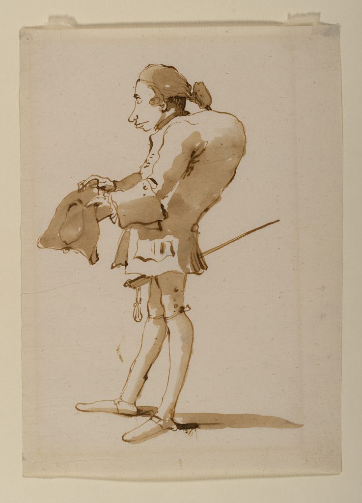 Giambattista Tiepolo (1696-1770), Caricatura di uomo gobbo in piedi e di profilo, con tricorno in mano e spada, penna, inchiostro seppia chiaro acquerellato e bistro su carta, 197 x 142 mm. Collezione privata ©Matteo De Fina