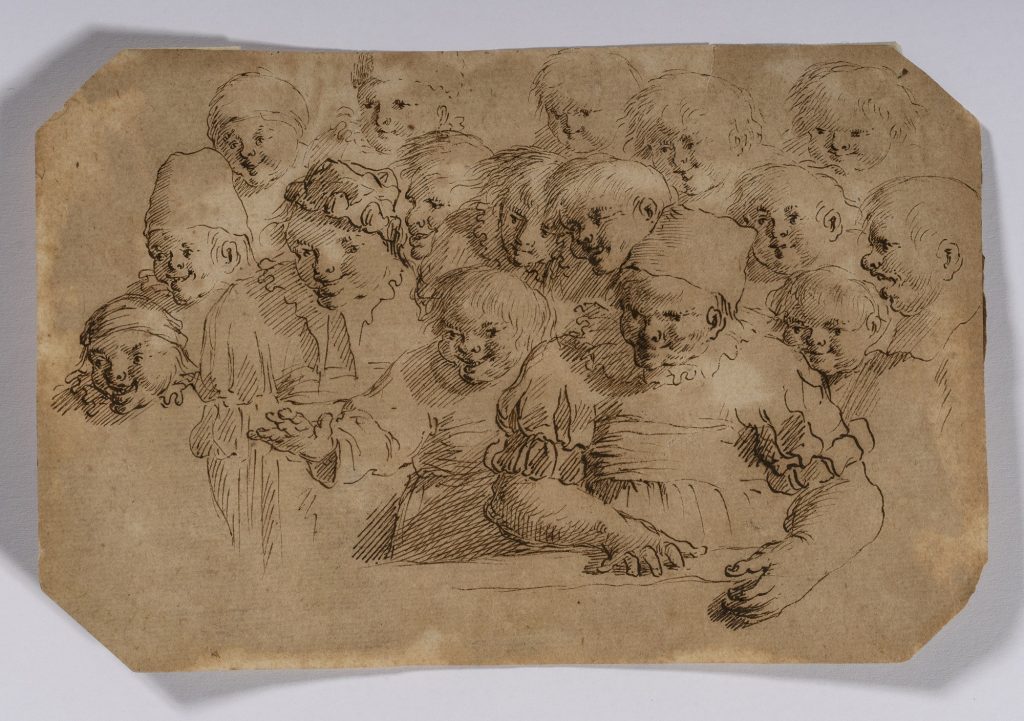 Pietro Antonio Novelli (1729-1804), Sedici figure, penna e inchiostro seppia su carta tagliata agli angoli, 93 × 145 mm. Collezione privata ©Matteo De Fina