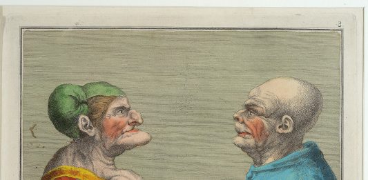 Aperta a Venezia la grande mostra sui visi mostruosi, da Leonardo a Bacon Carlo Lasinio (1759-1838), Due teste grottesche di donna e uomo anziani, 1790-1800 circa, Acquaforte a colori, 373 × 262 mm. Ente Raccolta Vinciana, Castello Sforzesco Milano © Studio Fotografico Luca Carrà