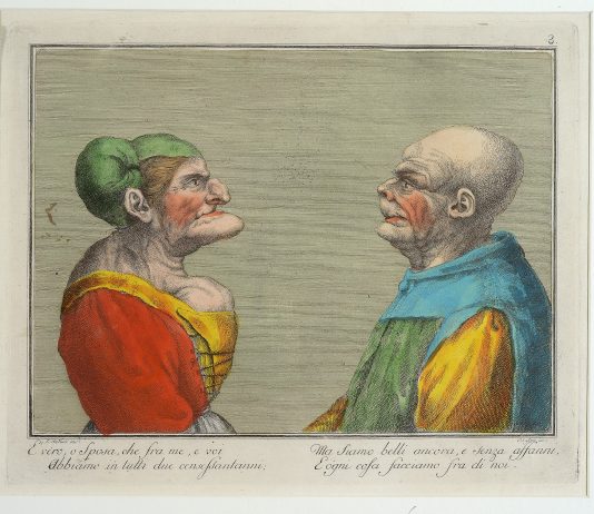 Aperta a Venezia la grande mostra sui visi mostruosi, da Leonardo a Bacon Carlo Lasinio (1759-1838), Due teste grottesche di donna e uomo anziani, 1790-1800 circa, Acquaforte a colori, 373 × 262 mm. Ente Raccolta Vinciana, Castello Sforzesco Milano © Studio Fotografico Luca Carrà