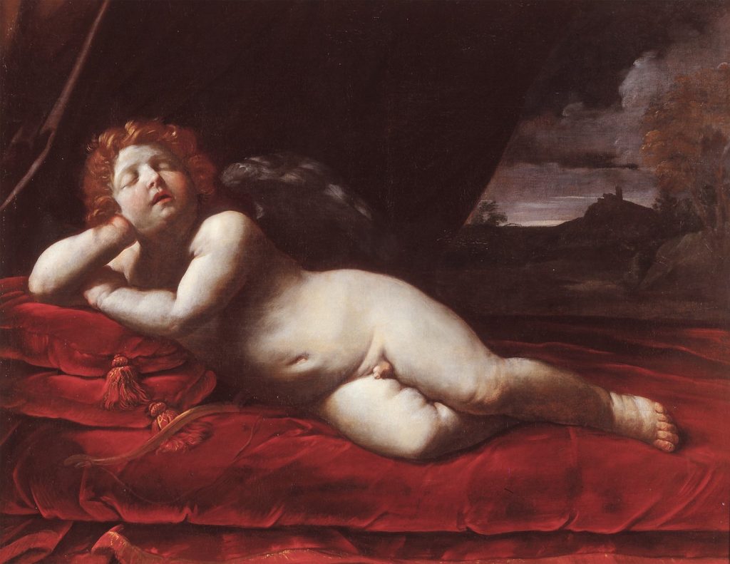 Guido Reni, Amore dormiente, 1620 circa, olio su tela, 105×136 cm. Collezione BPER Banca