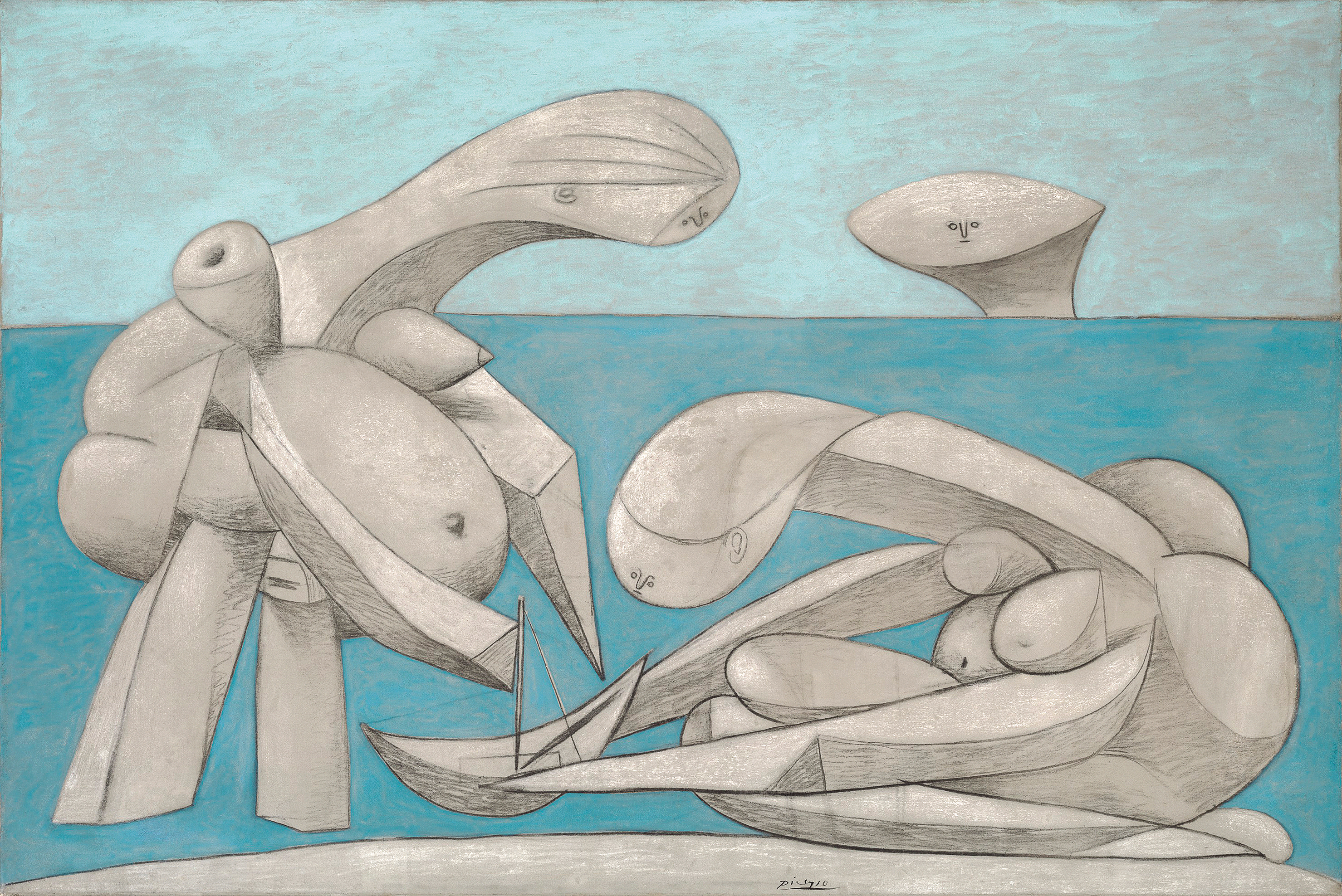 Pablo Picasso, Sulla spiaggia (La Baignade), 12 febbraio 1937, olio, conté e gesso su tela, 129,1 x 194 cm. Collezione Peggy Guggenheim, Venezia (Fondazione Solomon R. Guggenheim, New York)