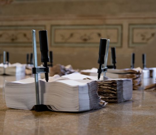 Il linguaggio delle emozioni, Camilla Marinoni al MO.CA di Brescia Camilla Marinoni, Se tornassi indietro non vorrei nemmeno nascere, 2020, dettaglio, 50 x 21 x 25 cm, vino e morsetti su carta. Veduta dell_installazione al MO.CA, Brescia. Foto di Sabrina Galli