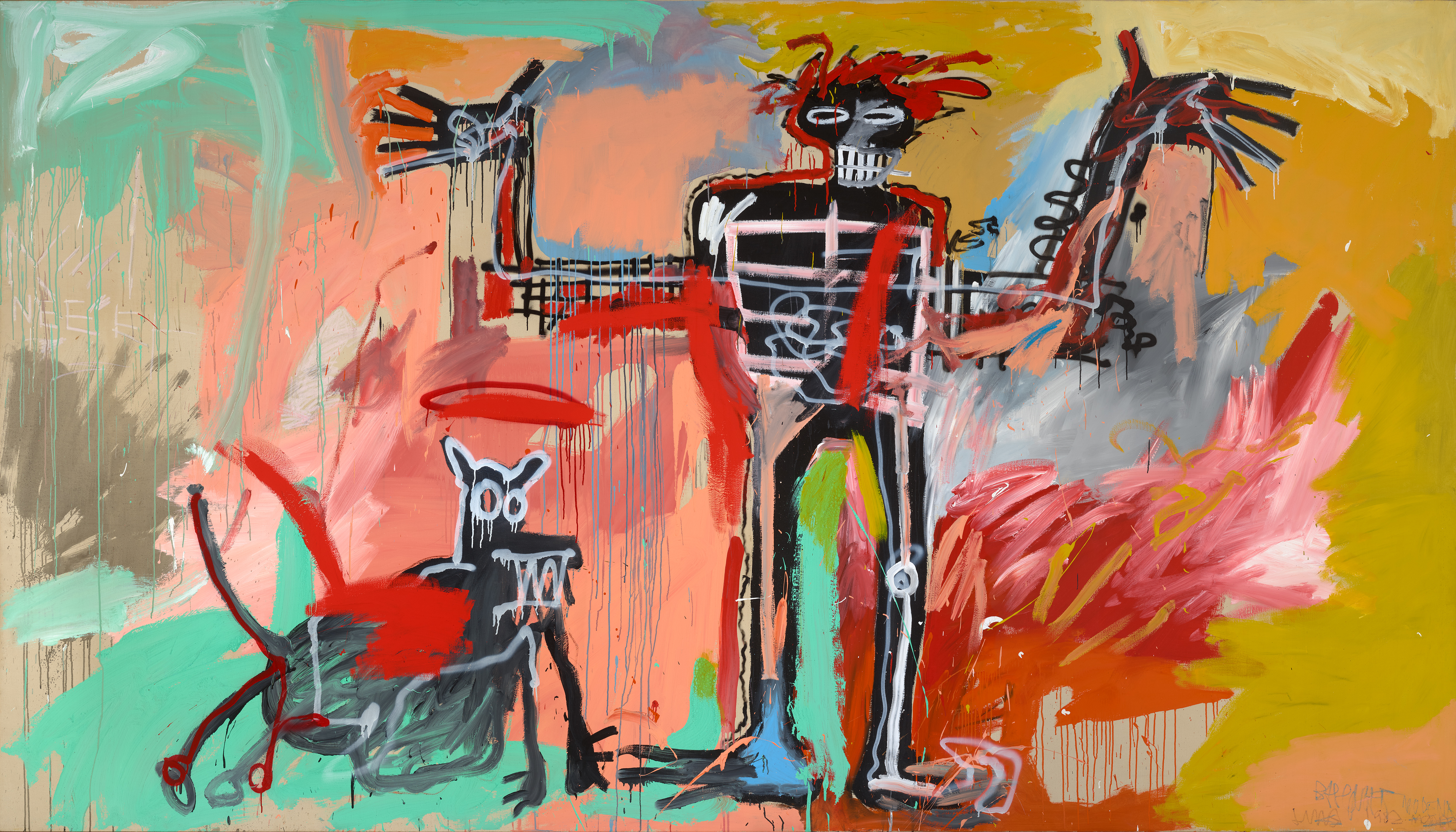JEAN-MICHEL BASQUIAT, BOY AND DOG IN A JOHNNYPUMP, 1982 Acrylic, oil stick, and spray paint on canvas; 240 x 420.4 cm Private Collection © Estate of Jean-Michel Basquiat. Licensed by Artestar, New York Photo: Daniel Portnoy