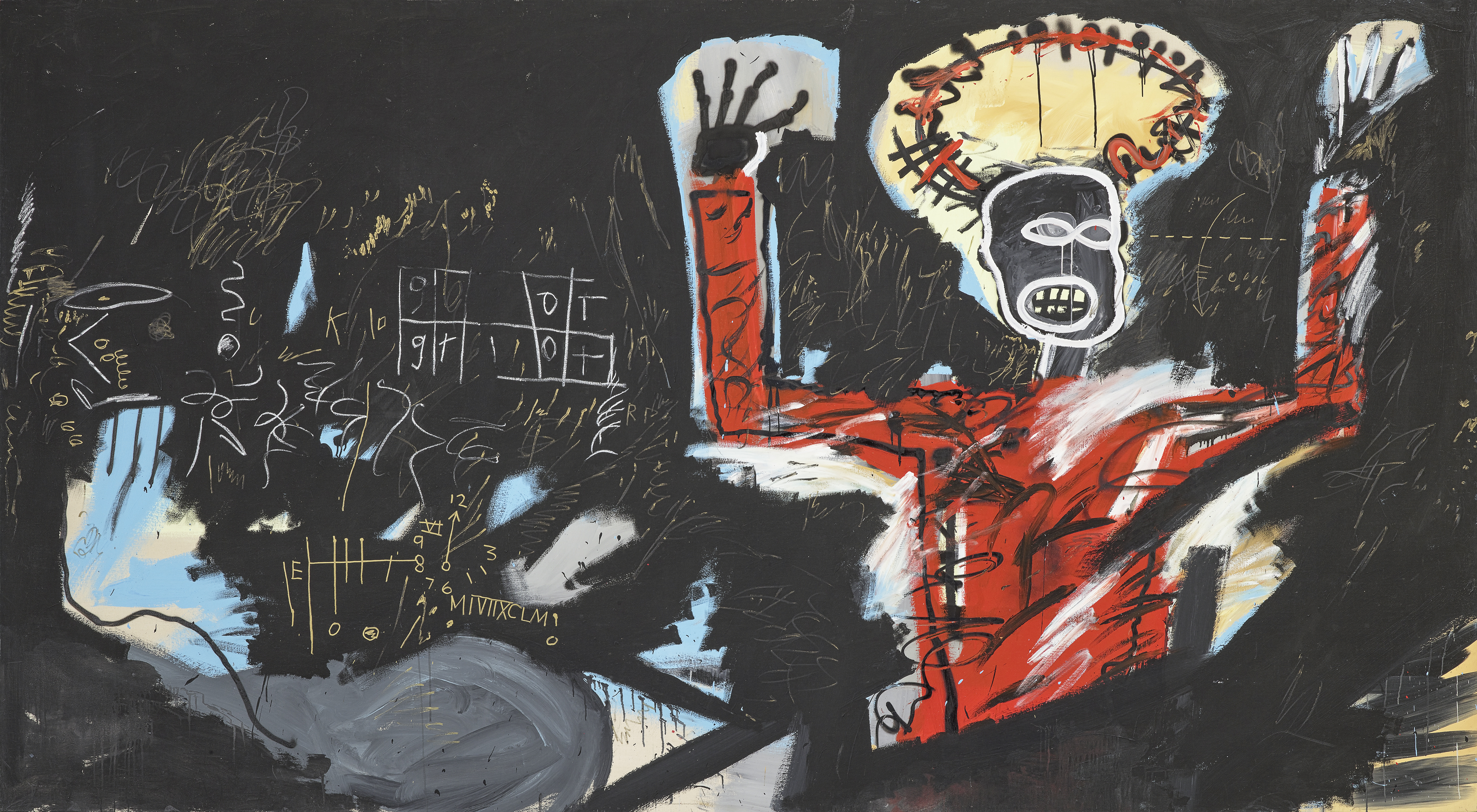 JEAN-MICHEL BASQUIAT, PROFIT 1, 1982 Acrylic, oil stick, marker, and spray paint on canvas, 220 x 400 cm Private Collection, Switzerland © Estate of Jean-Michel Basquiat. Licensed by Artestar, New York Photo: Robert Bayer