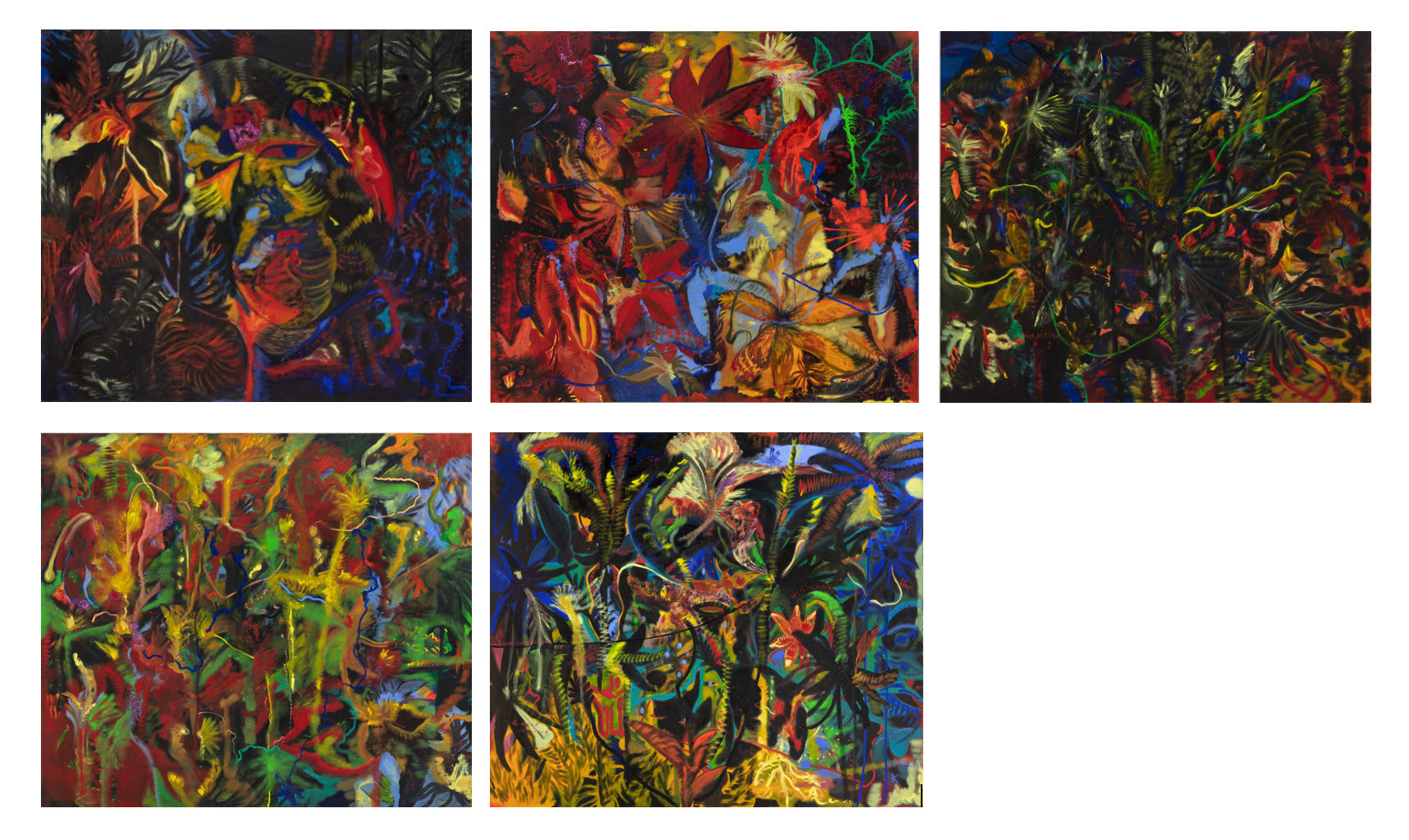 Alice Visentin, Banda di fiori (Notturno), 2021 tecnica mista su tela, 5 elementi, 130 x 150 cm ciascuno Castello di Rivoli Museo d’Arte Contemporanea, Rivoli-Torino Donazione Premio d’arte internazionale Collective