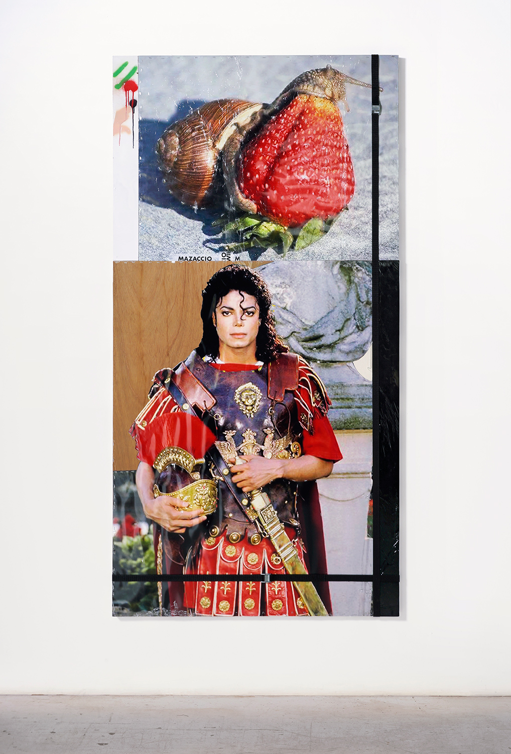 Mazaccio & Drowilal Ave MJ XL from the series 'Iconology' 2021 C-print, spray paint, honeycombed core doors, staples, branded tape, plastic film, stowing straps 200 x 104,8 x 4 cm (2 panels)