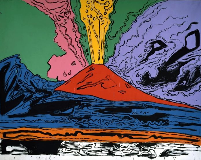 Andy Warhol, Vesuvius (1985); acrilico su tela, 230 x 300 cm. Presente nell’esposizione Presente nell’esposizione Vesuvio Universale, Vesuvio Quotidiano, Napoli, Certosa e Museo di San Martino, 5 luglio – 29 settembre 2019. Courtesy Museo di Capodimonte, Napoli, 2023.