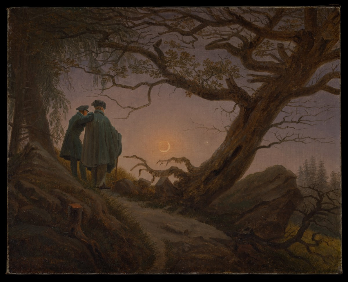 Caspar David Friedrich (German, 1774–1840). Two Men Contemplating the Moon, ca. 1825–30. Oil on canvas. 13 3/4 x 17 1/4 in. (34.9 x 43.8 cm). The Metropolitan Museum of Art, Wrightsman Fund, 2000 (2000.51)