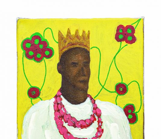 Fuori Posto: alla Fondazione Imago Mundi di Treviso, una mostra sulla condizione dell’esilio Famakinka Olunafemi (Nigeria, France / Nigeria, Francia), Un re senza trono, 2023, Acrilico su tela, 12x10 cm. Courtesy: Fondazione Imago Mundi, 2024