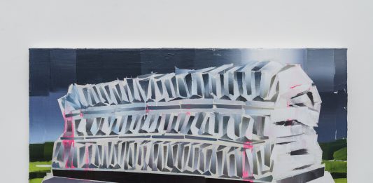 Ricordi da un presente ambiguo: Giulio Bensasson e Luca Grimaldi alla galleria 1/9unosunove di Roma Luca Grimaldi, Viennese, 2024. Olio su tela (40x80,5cm) - Immagine della mostra L’ultimo Invitato, 1/9unosunove, Roma, 2024 - Ph. Giorgio Benni - Courtesy 1/9unosunove