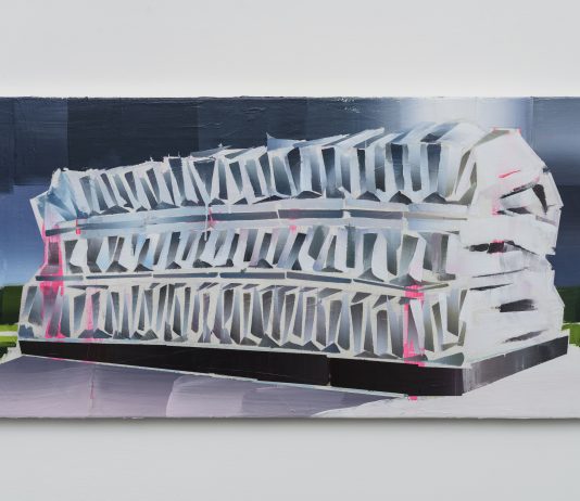 Ricordi da un presente ambiguo: Giulio Bensasson e Luca Grimaldi alla galleria 1/9unosunove di Roma Luca Grimaldi, Viennese, 2024. Olio su tela (40x80,5cm) - Immagine della mostra L’ultimo Invitato, 1/9unosunove, Roma, 2024 - Ph. Giorgio Benni - Courtesy 1/9unosunove