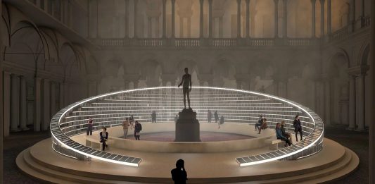 La Milano design week porta un’enorme biblioteca luminosa nel cortile d’onore della Pinacoteca di Brera installazione brera
