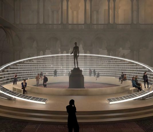 La Milano design week porta un’enorme biblioteca luminosa nel cortile d’onore della Pinacoteca di Brera installazione brera