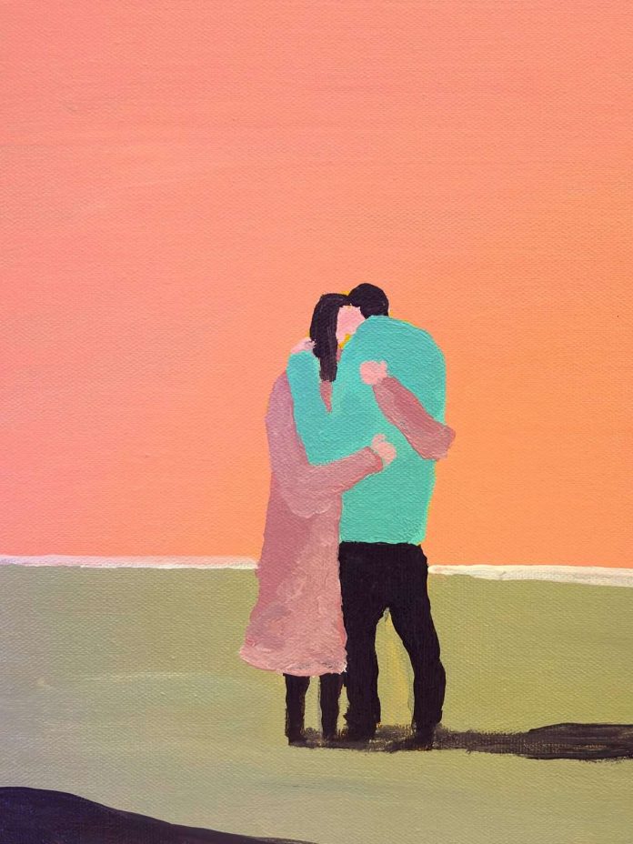 Enrico Pantani, Abbraccio, 2025, smalti su tela 30x40 cm