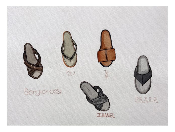 3. Vedovamazzei, The Last Supper Fashion Show_ I sandali indossati dagli Apostoli nell'Ultima Cena, 2018, Acquerello su carta cotone, 30.8 x 23 cm, Courtesy Vedovamazzei