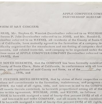 Il giorno in cui nacque Apple: il contratto originale va all’asta da Christie’s