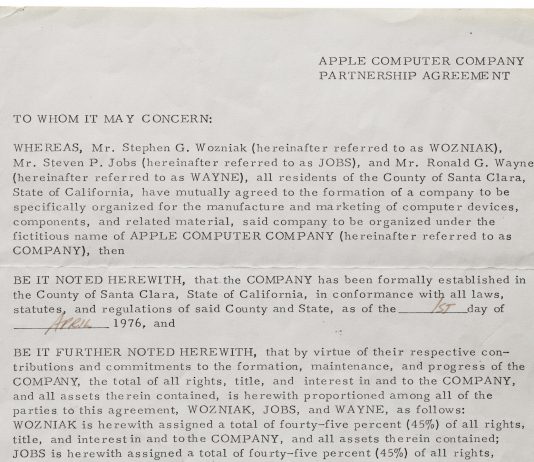 Il giorno in cui nacque Apple: il contratto originale va all’asta da Christie’s APPLE ASTA