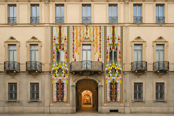 Entrance to Palazzo Citterio with a tasseled threshold tapestry