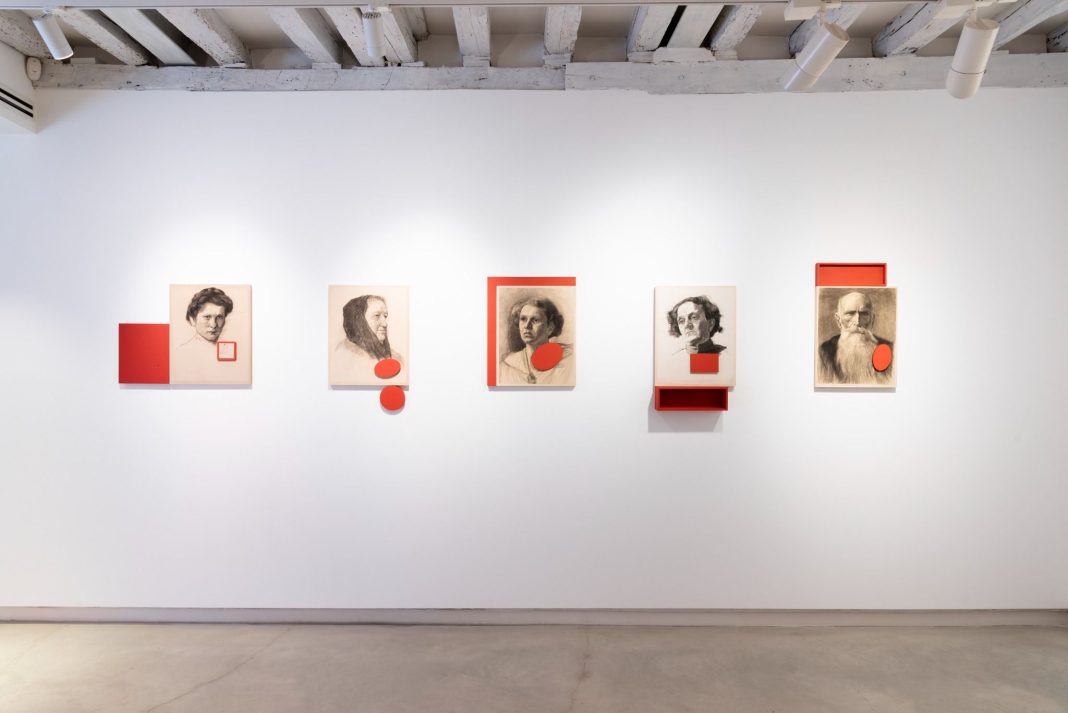 Maurizio Pellegrin, B. Oxide Portraits (serie), 2024, disegni del 1919 e ossido su legno, misure variabili, Ph. Francesco Piva