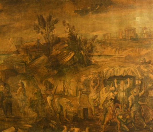 Restauro aperto del dipinto “ASSALTO ALLA CAROVANA” di Achille Capizzano