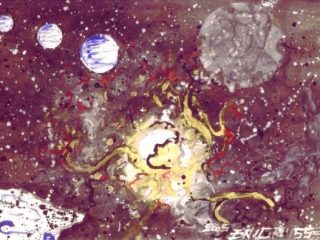"God of the Multiverse"
Acrylic - ecoline - applications shooting board and resin on paper
33x48
2005
