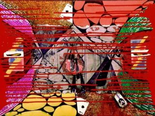 "Symmetry in Temporal Duplication"
Acrylic - markers - ink - applications packaging on canvas 
50x70
1999
