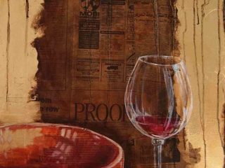 bicchiere da vino, 2005 foglia d'oro giornali e olio su tavola - cm 70x55