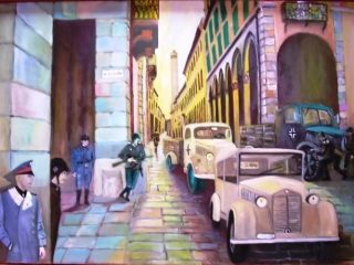 Titolo  : 1944, Posto di blocco Italo-Tedesco in Strada Maggiore, angolo Via Guerrazzi (BOLOGNA).
Tecnica : Olio su tela.
Misure : 70x100 - Anno : 2008 