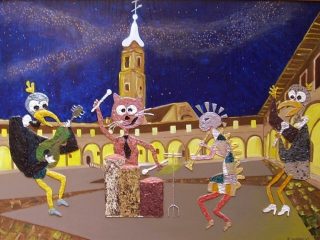 Dipinto materico di genere NAIF.
Titolo : CONCERTO ROCK a SANTA-CRISTINA
Tecnica : acrilici + sabbie su tavola legno.
Misure 60x80  Anno : 2006