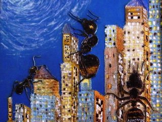 Titolo  : L'invasione delle formiche giganti.
Tecnica : Acrilici, tela juta detessuta, sabbie ceneri e bitume.
Misure  : 50x50  - Anno : 2007