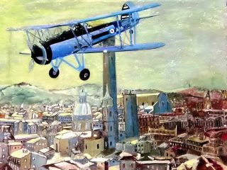 Titolo  : 1943, RICOGNITORE INGLESE (PIPPO) SORVOLA BOLOGNA.
Tecnica : Tempera su tela Juta intonacata.
Misure  : 50x60  - Anno : 2007