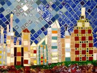 Titolo : PERIFERIA
Tecnica : MOSAICO in CERAMICA, MARMO e corteccia di SUGHERO.
Misure : 40x70  - Peso 7,5Kg. circa