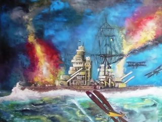 Titolo  : 1941, INCROCIATORE POLA AFFONDATO DA AEROSILURANTI MARINA INGLESE.
Tecnica : Tempera su tela
Misure : 60x60  -  Anno : 2009